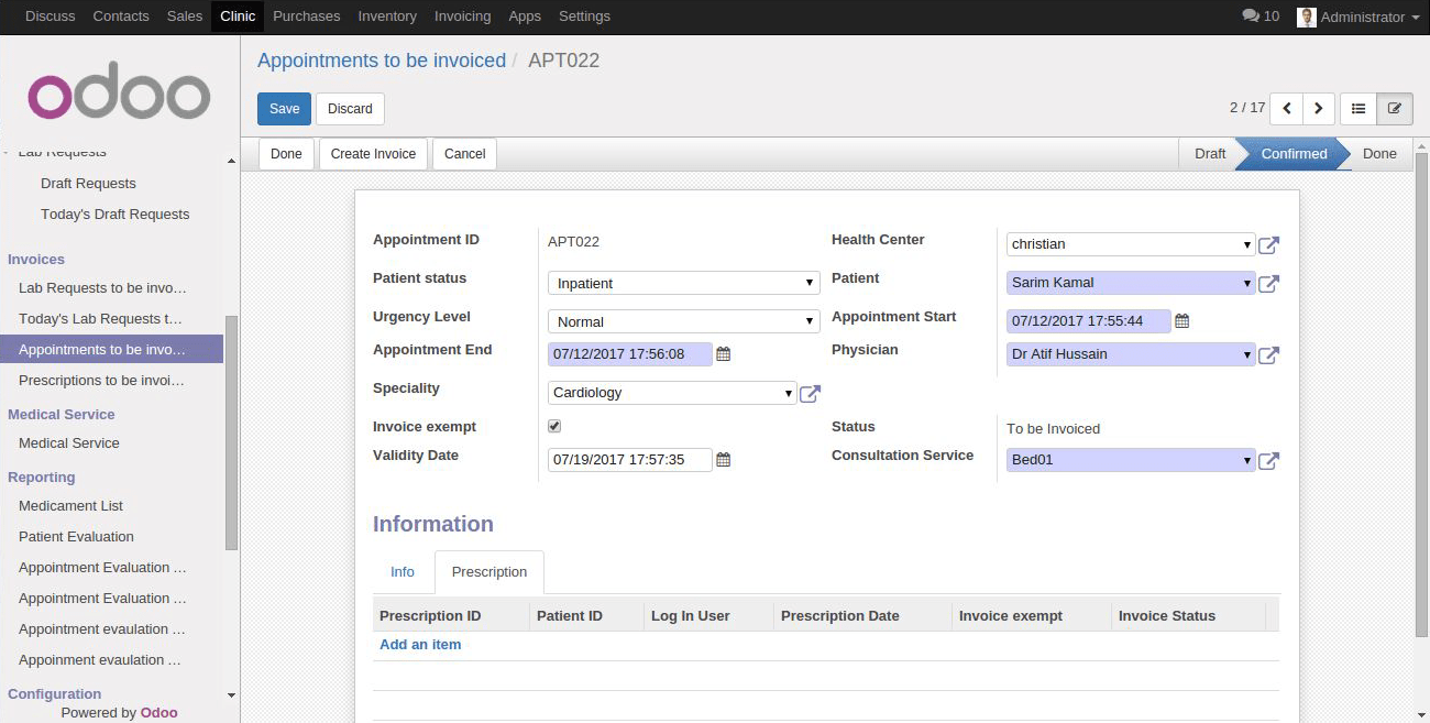 screenshot of odoo clinic management software